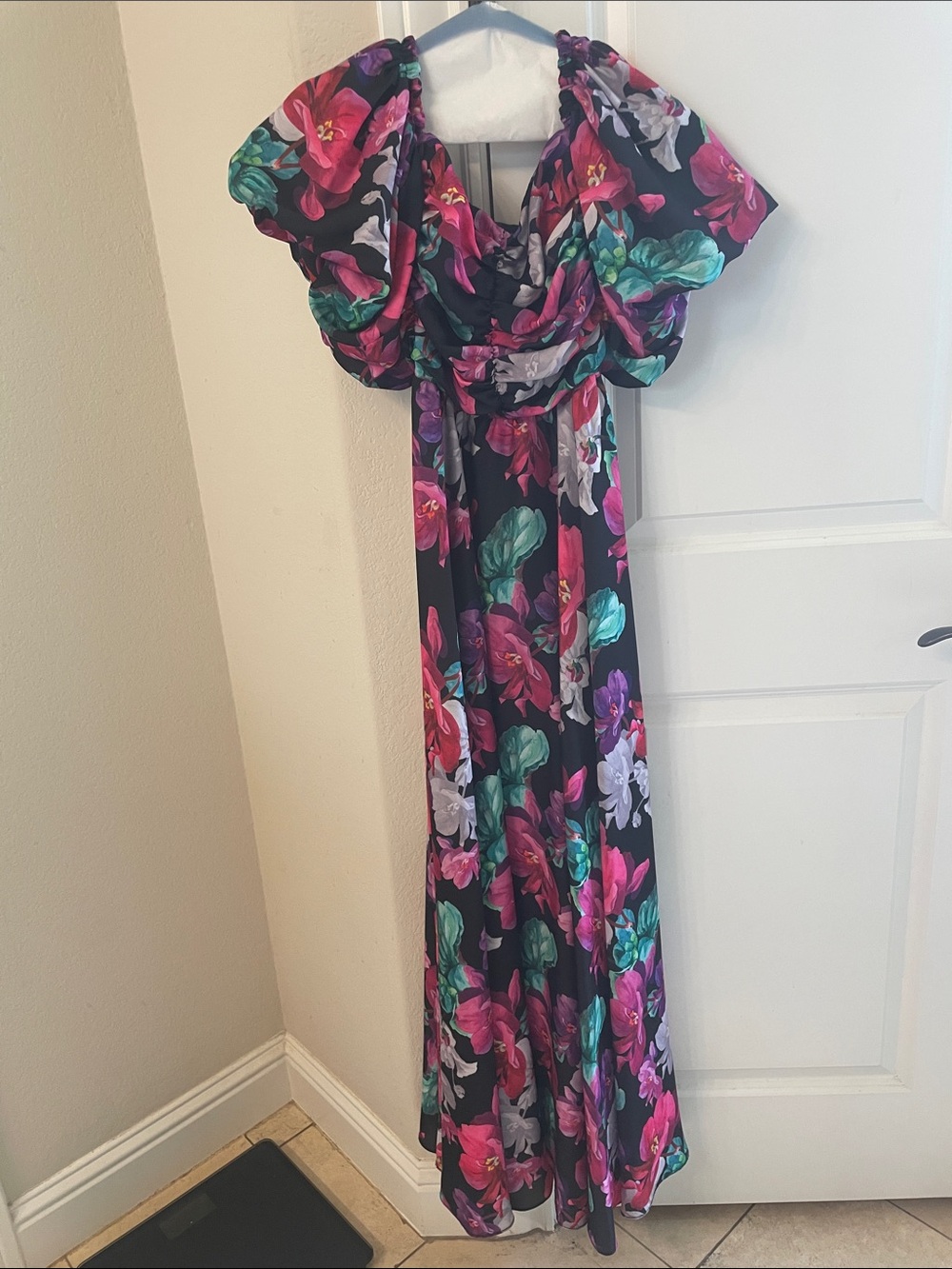 Anthropologie Black Maxi Dress with Pink, Green & Purple Floral Print